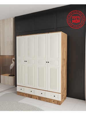 T&B Nil 4 Kapaklı Çekmeceli Bazalı Gardırop - Tamamı Mdf
