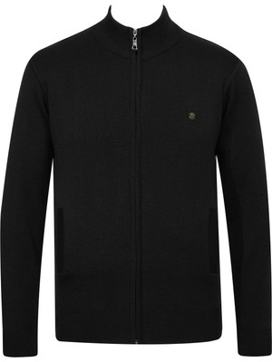 Çizgi Triko Erkek Yarım Balıkçı Yaka Cepli Fermuarlı Siyah Hırka Klasik Kalıp - 5200K