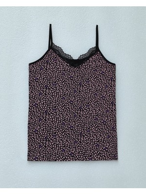 Ip Askılı Dantelli Desenli Atlet -Pudra