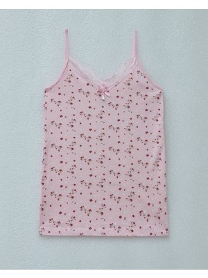 Ip Askılı Dantelli Desenli Atlet -Pembe