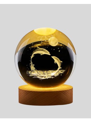 Astraltech Lazer İşlemeli Yunus Kristal Küre Sıcak Işıklı Ahşap Standlı