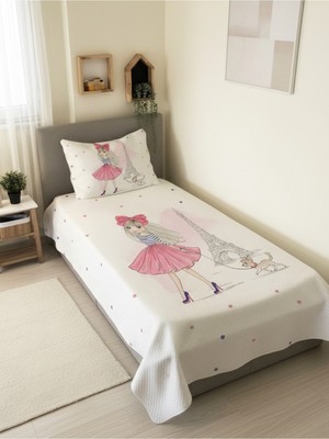 Özgürce Eyfel Kız Desenli Tek Kişilik Pike Takımı 160X230 Beyaz