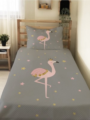 Özgürce Flamingo Desenli Çocuk Tek Kişilik Pike Takımı 160X220 cm Gri