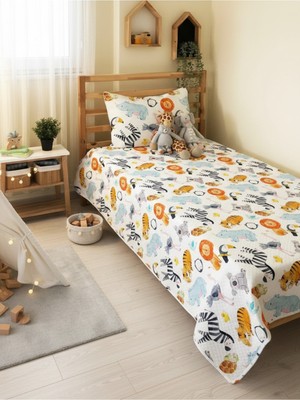 Özgürce Hayvan Desenli Bebek ve Çocuk Tek Kişilik Pike Takımı 160X230, Beyaz