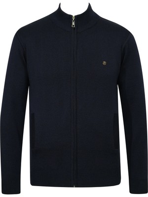 Çizgi Triko Erkek Yarım Balıkçı Yaka Cepli Fermuarlı Lacivert Hırka Klasik Kalıp - 5200K