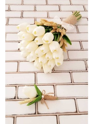 Beyaz Islak Lale ve Kuru Başaklarla Yapay Çiçek Deposu Gelin Buketi 2li Set Premium Tasarım