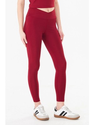 Sortie Collection Kadın V Bel Arkadan Fermuar Cepli Spor Tayt Bordo