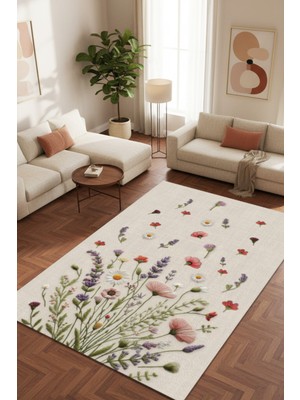 The Reef Design Keten Görünümlü Çiçek Desenli Halı Dijital Baskı Kaymaz Yıkanabilir Salon Yatak Odası Halısı