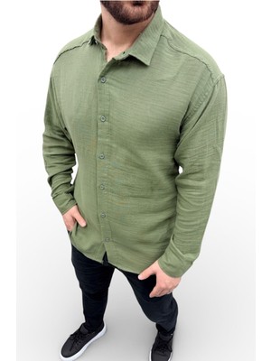 Zueofficial Erkek Haki Müslin Kumaş Klasik Yaka Gömlek – Uzun Kollu / Rahat Kesim