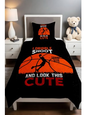 Özgürce Siyah Turuncu Basket Desenli Tek Kişilik Bebek Çocuk Pike Takımı