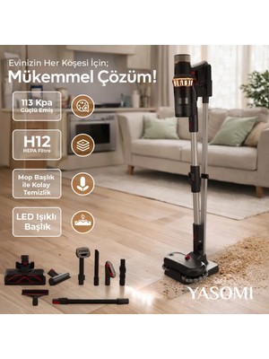 Yasomi Vion Plus V11 33Kpa H12 Hepa Mop Başlık Led Işıklı Turbo Başlık Dikey Süpürge