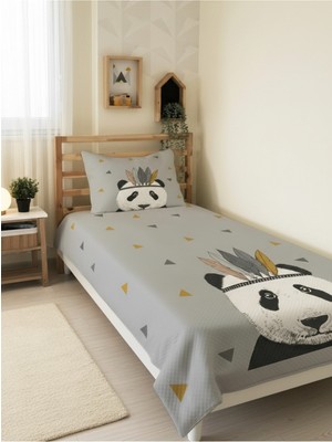 Özgürce Panda Desenli Bebek ve Çocuk Tek Kişilik Pike Takımı 160X230 Gri