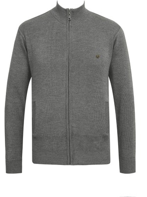 Çizgi Triko Erkek Yarım Balıkçı Yaka Cepli Fermuarlı Gri Hırka Klasik Kalıp - 5200K