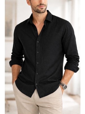 Zueofficial Erkek Siyah Müslin Kumaş Klasik Yaka Gömlek – Uzun Kollu / Rahat Kesim