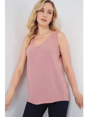 V Yaka Sıfır Kol Bluz 950 - Somon