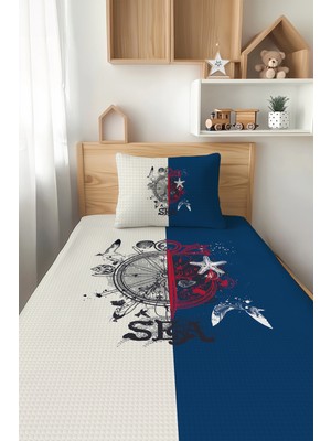 Özgürce Iki Renkli Denizci Desenli Tek Kişilik Çocuk Pike Takımı