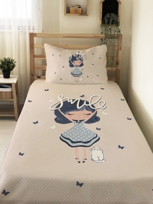 Özgürce Renkli Kız Desenli Tek Kişilik Çocuk Pike Takımı 160X220 cm