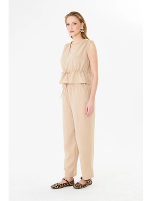 .sortie Collection Kadın Yüksek Bel Bağcık Detaylı Keten Pantolon Bej