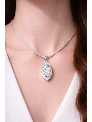 Stainless Steel Badem Taşlı Silver Kolye
