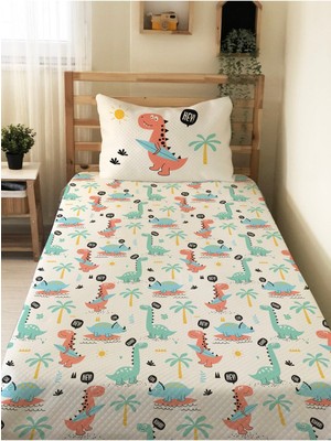 Özgürce Sevimli Dinozor Desenli Çocuk Pike Takımı 160X220 cm Beyaz