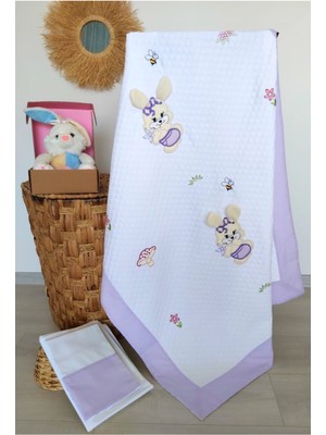 Özgürce Lila Tavşan Desenli 100% Pamuk Bebek Pike Takımı, Kalın Biyeli, Yumuşak ve Rahat