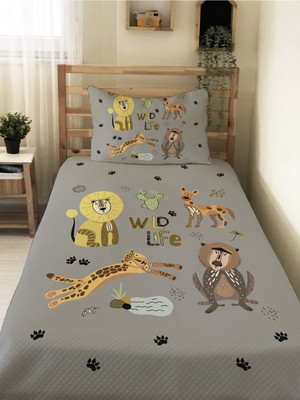 Özgürce Hayvan Desenli Bebek ve Çocuk Tek Kişilik Pike Takımı 160X220 cm Gri
