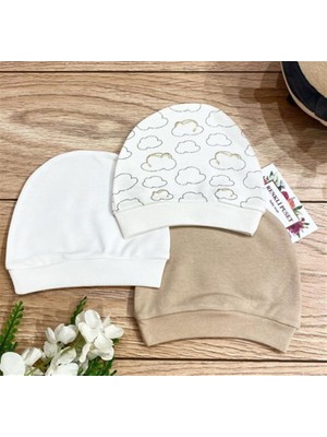 Renkli Puset Kız Çocuk 3'lü Penye Bebek Şapka Bere Takım Açık Kahve Bulut Desenli