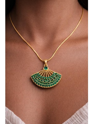 Stainless Steel Yelpaze Kolye Zilkon Taşlı Mineli Çelik Kolye