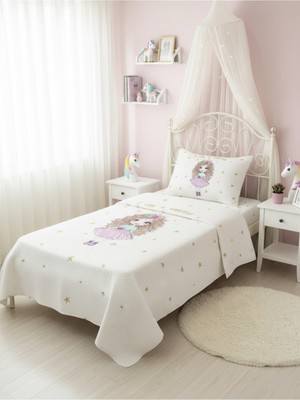 Özgürce Prenses Desenli Bebek ve Çocuk Baskılı Tek Kişilik Pike Takımı 160X230 Beyaz