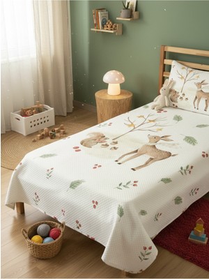 Özgürce Geyik Desenli Bebek ve Çocuk Baskılı Tek Kişilik Pike Takımı 160X230 Beyaz