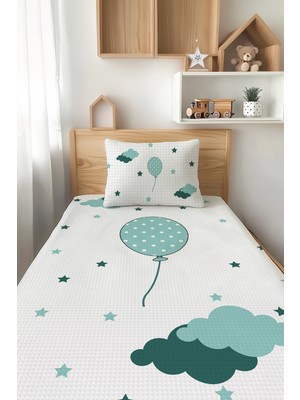 Özgürce Yeşil Balon Desenli Çocuk Pike Takımı, Renkli ve Konforlu Uyku Seti