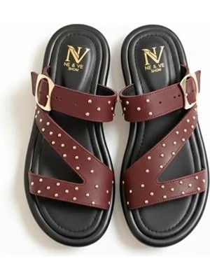 Ne&Ve Shoes Bordo Hakiki Deri Pim Detaylı ve Tokalı Kadın Günlük Şık Terlik