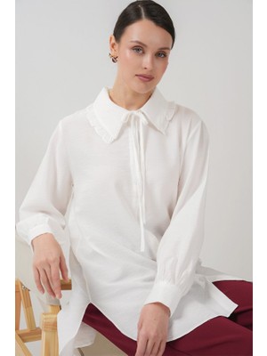 Fırfırlı Uzun Gömlek Tunik 5952 - Beyaz