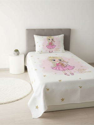Özgürce Prenses Kız Desenli Tek Kişilik Pike Takımı 160X230 Beyaz