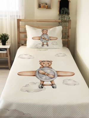 Özgürce Sevimli Ayı Desenli Çocuk Tek Kişilik Pike Takımı 160X220 cm Beyaz