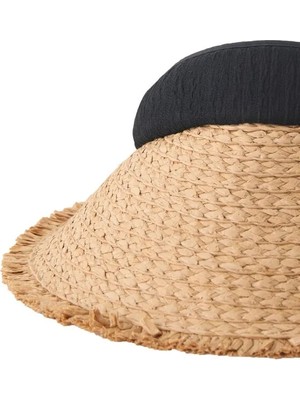 Haşema Fiyonklu Siyah Hasır Plaj Şapkası Renkli Desenli Kadınlar İçin Güneşten Koruma