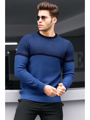 Madmext Indigo Renk Bloklu Erkek Kazak Yuvarlak Yaka Günlük Stil Fitted Kesim