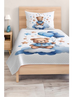 Özgürce Mavi Balon ve Ayıcık Desenli Çocuk ve Genç Odası Pike Takımı