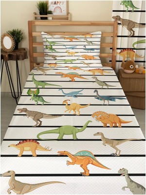 Özgürce Dinozor Desenli Bebek ve Çocuk Tek Kişilik Pike Takımı 160X220 Beyaz
