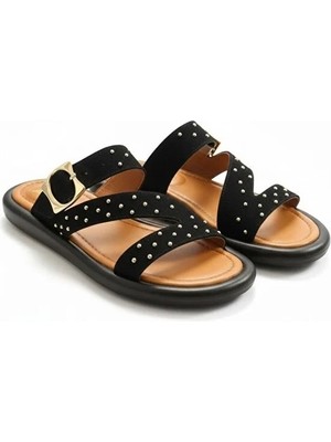 Ne&Ve Shoes Süet Hakiki Deri Pim Detaylı ve Tokalı Kadın Günlük Şık Terlik