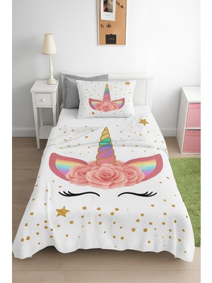 Özgürce Sevimli Unicorn Pike Yatak Örtüsü ve Yastık Kılıfı Takımı, Renkli ve Şık