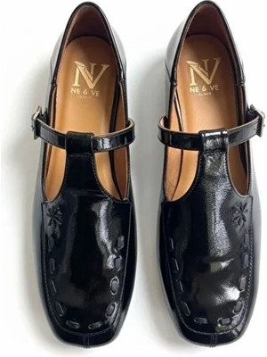 Ne&Ve Shoes Siyah Rugan Biye Detaylı Kadın Kare Burunlu Babet
