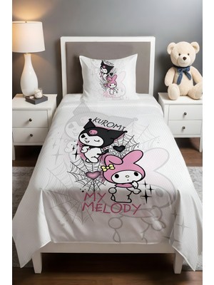 Özgürce Renkli Kuromi ve My Melody Desenli Tek Kişilik Çocuk Pike Seti
