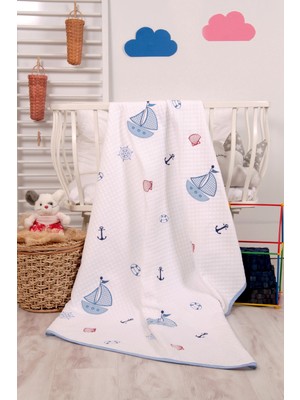 Özgürce Yumuşak ve Şık %100 Pamuk Mavi Yelken Desenli Bebek Pike Seti