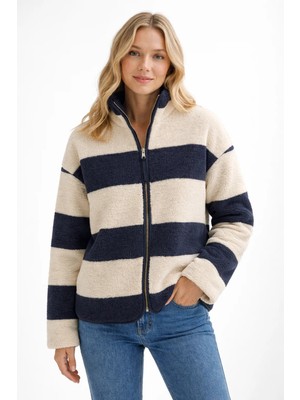 Sibel Günay Butik Lacivert Krem Çizgili Fermuarlı Kadın Polar Sweatshirt