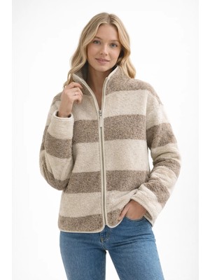 Sibel Günay Butik Bej Krem Çizgili Fermuarlı Kadın Polar Sweatshirt
