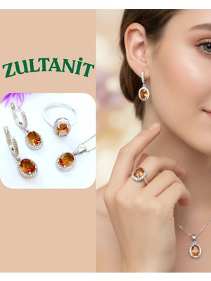 Gümüş Zultanit Sultan Taşlı Işıltılı Oval Damla Tasarım Kolye Küpe Yüzük Kadın Set