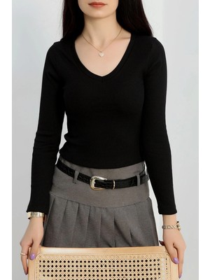 V Yaka Kaşkorse Bluz Siyah