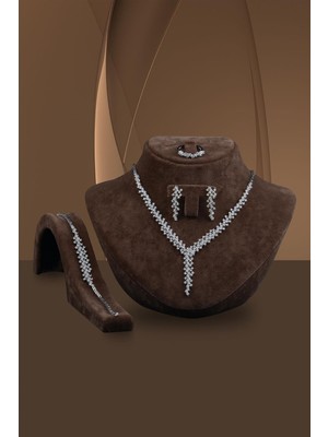 Osmanlı Gümüş Alisa Kadın Zirkon Taşlı Gümüş Su Yolu Set - Modern Tasarım Kolye, Bileklik, Küpe, Yüzük