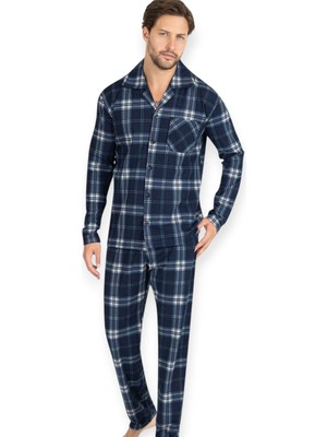 Erse Önden Düğmeli Uzun Kol Termal Pijama Takımı Kareli